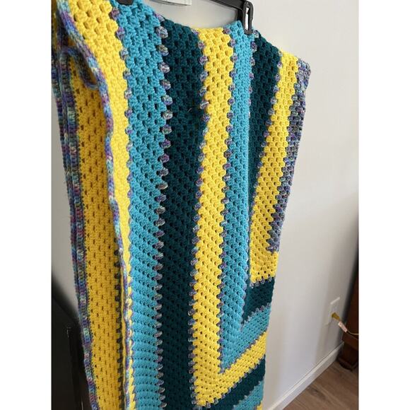 Afghan Throw Blanket Handmade Yellow Blue Purple Green Cottagecore Rustic - Picture 3 of 6